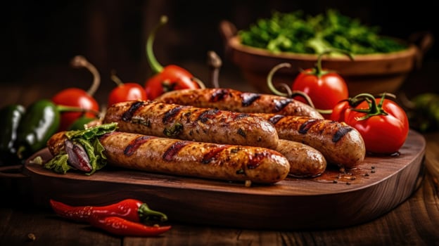 Grilled sausages on a wooden board Illustration photo