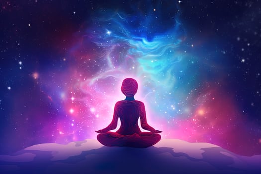 a woman meditating under a galaxy sky. photo