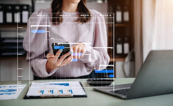 Project manager working and update tasks with milestones progress planning and Gantt chart scheduling diagram.business tram working at office photo