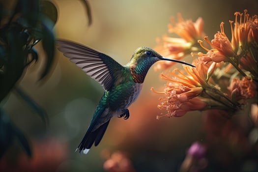 Colored tropical bird and surreal flowers. The hummingbird flies near to flower. photo
