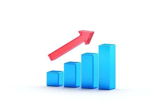 3d business blue graph with red arrow icon, Trade arrow. Exchange price chart. Growth and changes in value. Exchange trading. Reporting annual and quarterly profits. 3d rendering photo