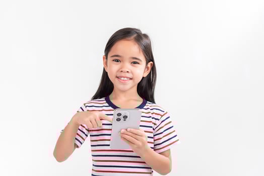 Little girl play phone mobile. Isolated on white background photo