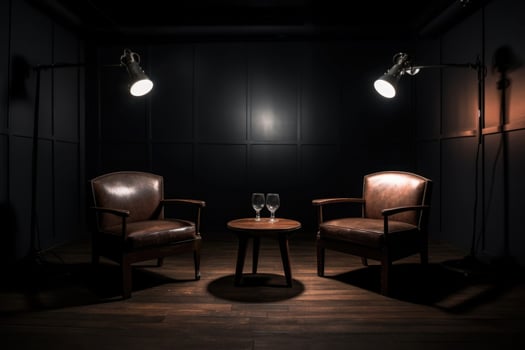 Podcast room interior with two empty chairs and spotlights. photo