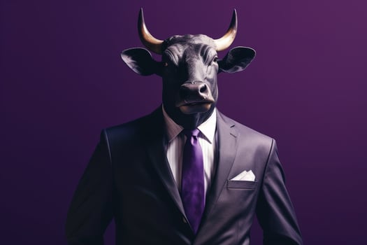 Businessman in a suit with horns on a purple background. Business concept. photo