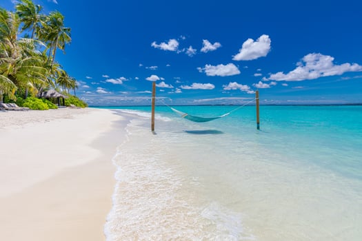 Tropical beach background as summer landscape with beach swing or hammock and white sand and calm sea for beach banner. Perfect beach scene vacation and summer holiday concept. Nature landscape photo