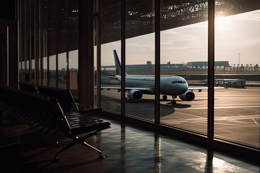 Airport terminal interior with plane in the window. photo