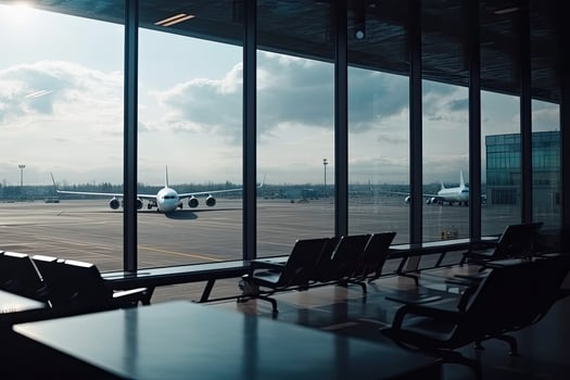 Airport terminal interior with plane in the window. photo