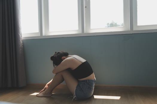 panic attacks alone young girl sad fear stressful depressed emotional.crying use hand cover face begging help.stop abusing domestic violence in women,person with health anxiety,people bad feeling down photo