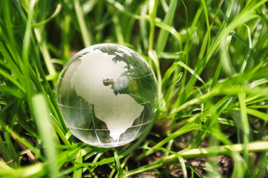 globe glass on grass with sunshine. environment concept photo