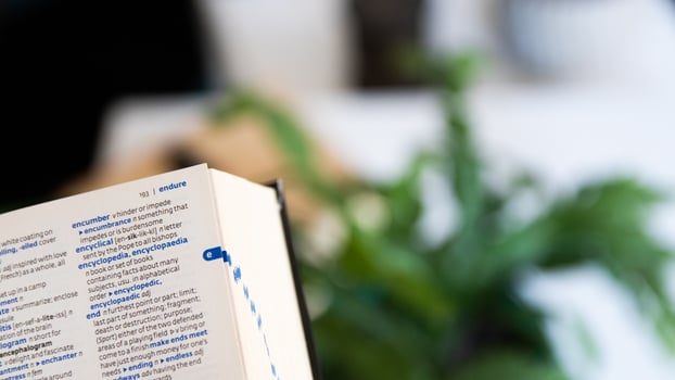 English dictionary open with the background of a living room photo