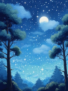 illustration of a moonlit night, with stars twinkling in the sky and clouds. photo