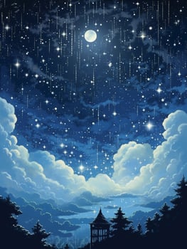 illustration of a moonlit night, with stars twinkling in the sky and clouds. photo