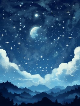 illustration of a moonlit night, with stars twinkling in the sky and clouds. photo