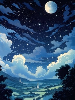 illustration of a moonlit night, with stars twinkling in the sky and clouds. photo
