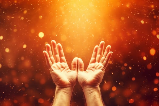 Human hands open palm up worship with faith in religion and belief in God on blessing background. photo