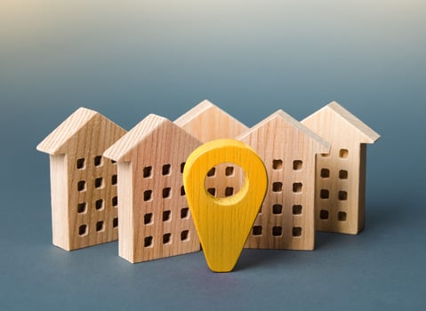 Residential living buildings and yellow location pin. Delivery. Tracking and navigation. Internet of things, city management and city services municipal. Search for housing options. Cities to visit. photo