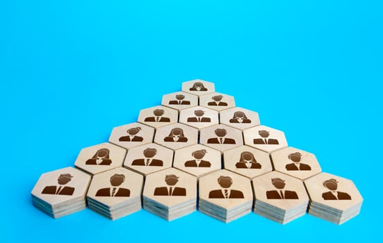 Hierarchical pyramid of people. Classic form of organizational management. Career, corporate culture concept. Personnel management. Human resources, headhunting. Reliable structure of business company photo
