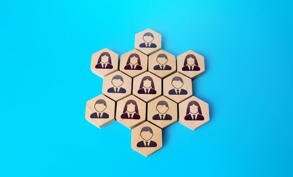 United people. Social organizations, commercial structure. Joining forces. Business management. Unity. Team building, teamwork cooperation. Discipline in hierarchy. Orderliness and high organization. photo