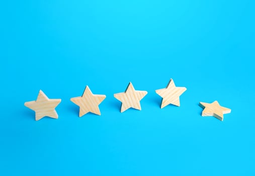 One of the five stars fell down. Loss of the fifth star. Drop in rating, prestige and reputation reduction. Lowering and demotion. Do not meet the requirements. Decline in quality and level of service photo