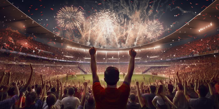 Football fans are watching football match in the stadium with . photo