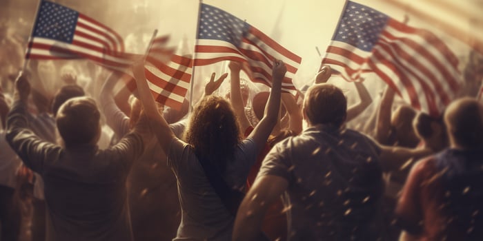 Crowd of people with american flag in the street with . photo