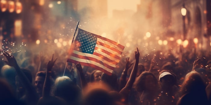 Crowd of people with american flag in the street with . photo