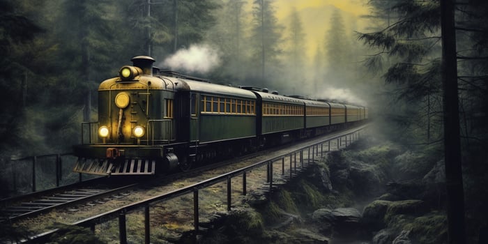 Vintage steam train in a foggy forest with . photo