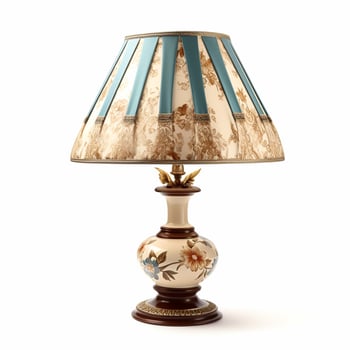 Vintage country style antique table lamp with a beautiful lampshade design isolated on white background, interior design and cottage home decor, post-processed, photo