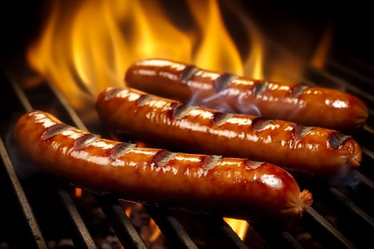 Hot spicy meat sausages grilled on fire, food bbq and grill, photo