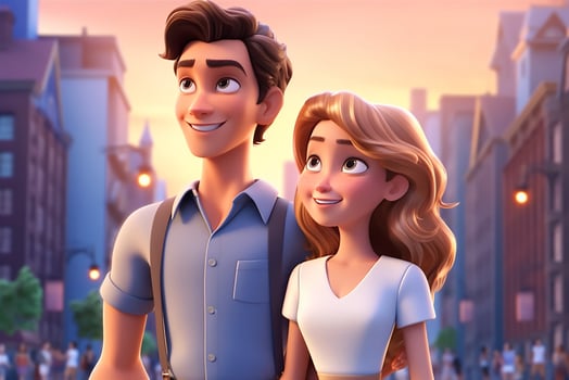 beautiful couple in the city, illustration of cartoon couple in the city, love and relationship concept, photo