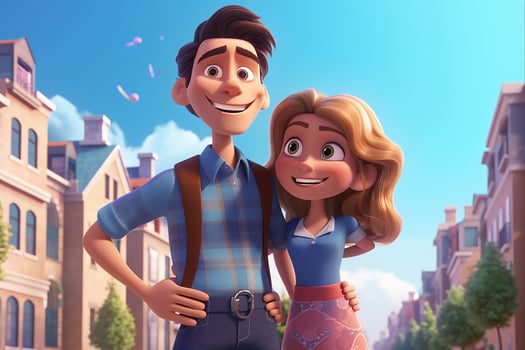 happy couple in the city, illustration of cartoon couple in the city, love and relationship concept, photo