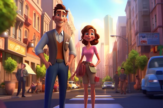 beautiful couple in the city, illustration of cartoon couple in the city, love and relationship concept, photo