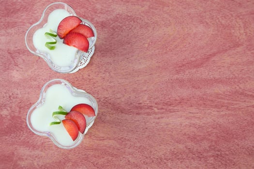 Milk dessert with violet plums photo