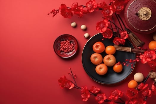 Chinese New Year festival decorations, mandarins, flowers, envelopes . Flat lay, top view. photo