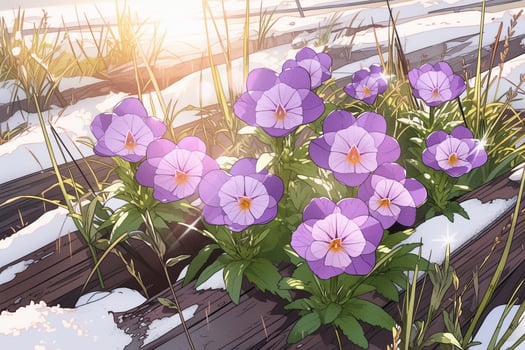 Spring landscape with first flowers purple crocuses on the snow in nature in the rays of sunlight. photo