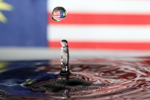 Water droplet drop splash collision dripping pillar Malaysia Flag reflection refraction independence country patriot photo