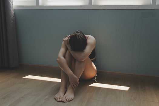 panic attacks alone young girl sad fear stressful depressed emotional.crying use hand cover face begging help.stop abusing domestic violence in women,person with health anxiety,people bad feeling down photo
