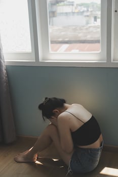 panic attacks alone young girl sad fear stressful depressed emotional.crying use hand cover face begging help.stop abusing domestic violence in women,person with health anxiety,people bad feeling down photo