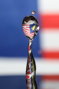 Water droplet drop splash collision dripping pillar Malaysia Flag reflection refraction independence country patriot photo