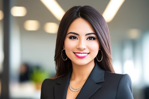 Young smiling businesswoman, standing in blur background of office. photo