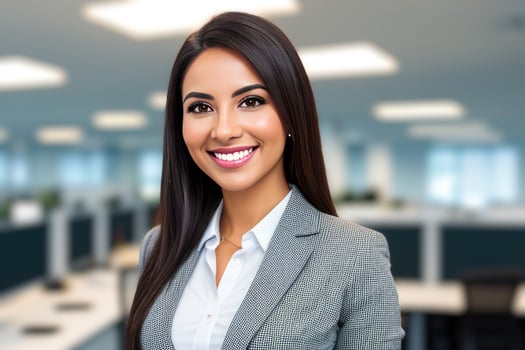 Young smiling businesswoman, standing in blur background of office. photo