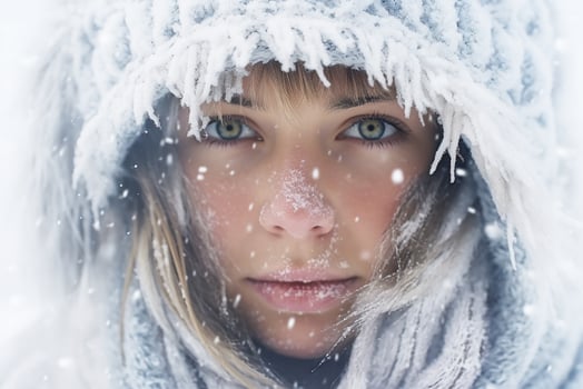 Portrait, Blonde-haired girl with blue eyes in a hooded winter with snow. photo