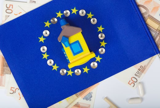 European flag,rubber house and european currency. Top view photo
