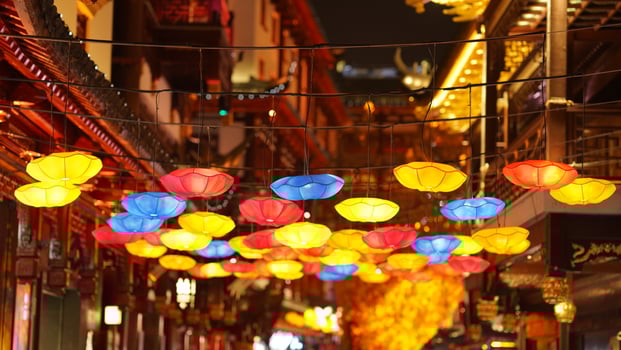 The colorful Chinese lantern hanging up during the festival days for the good blessing photo