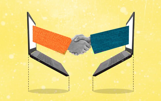 Successful business deal online. Modern art collage of a handshake appearing grom laptop decide on a yellow background. photo