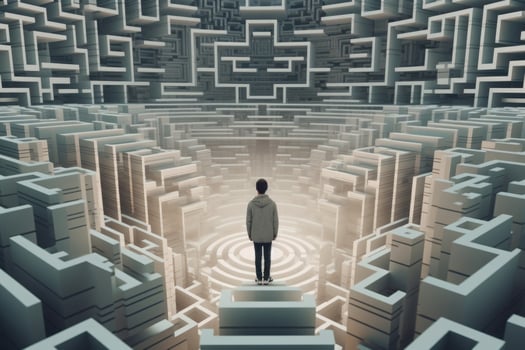 Person silhouette lost in digital maze. Labyrinth in cyberspace. photo