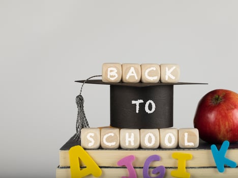Words BACK TO SCHOOL composed of wooden dices. photo