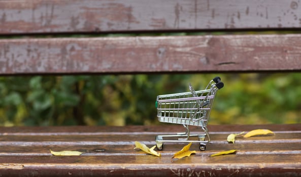 Mini shopping cart on a wet wooden bench in the park. photo