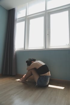 panic attacks alone young girl sad fear stressful depressed emotional.crying use hand cover face begging help.stop abusing domestic violence in women,person with health anxiety,people bad feeling down photo