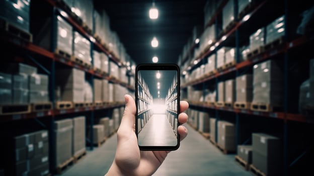 Man hand holding a smartphone over blurred supermarket background, photo